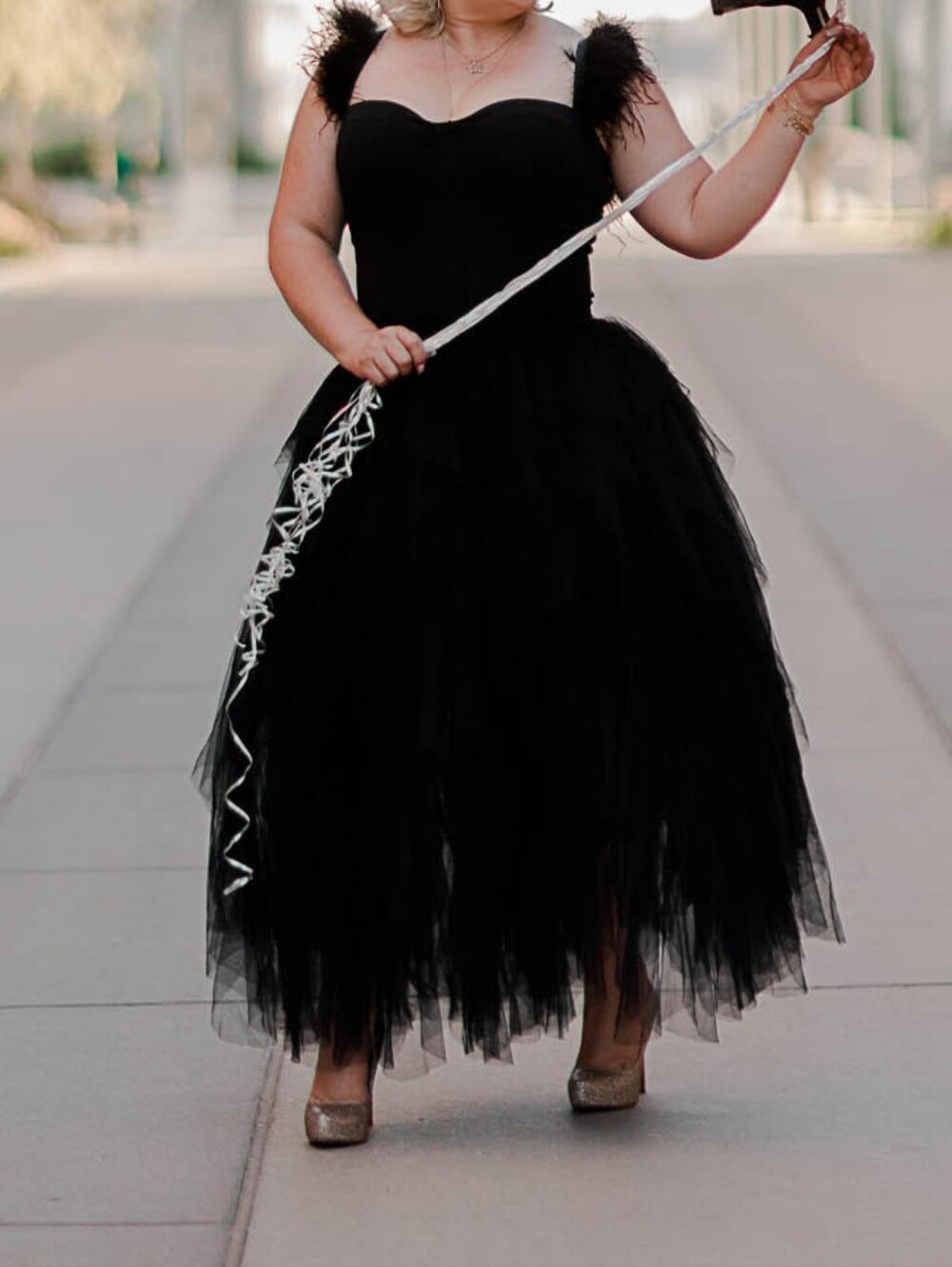 Black Feather Strap Tulle Maxi Dress - Picture 4 of 4